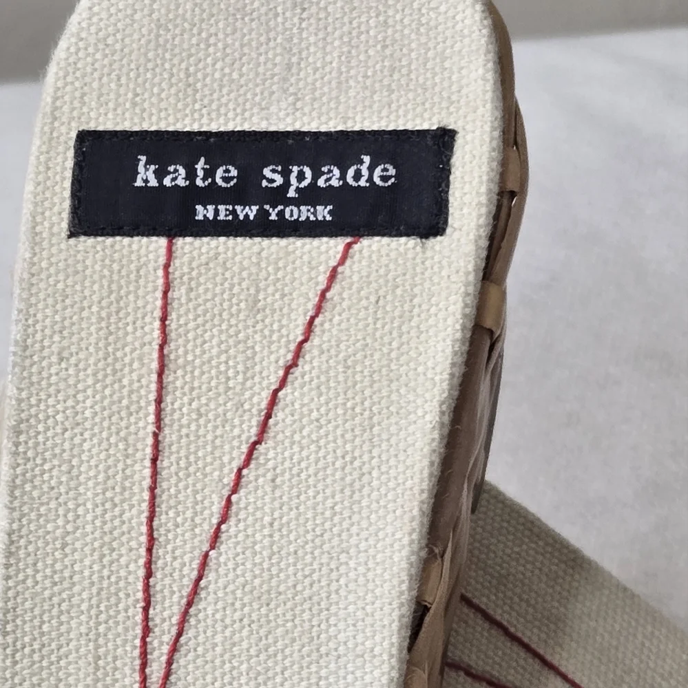 Kate Spade Red and Cream Checkered Woven Wicker Espadrilles Wedge Sandals 8B